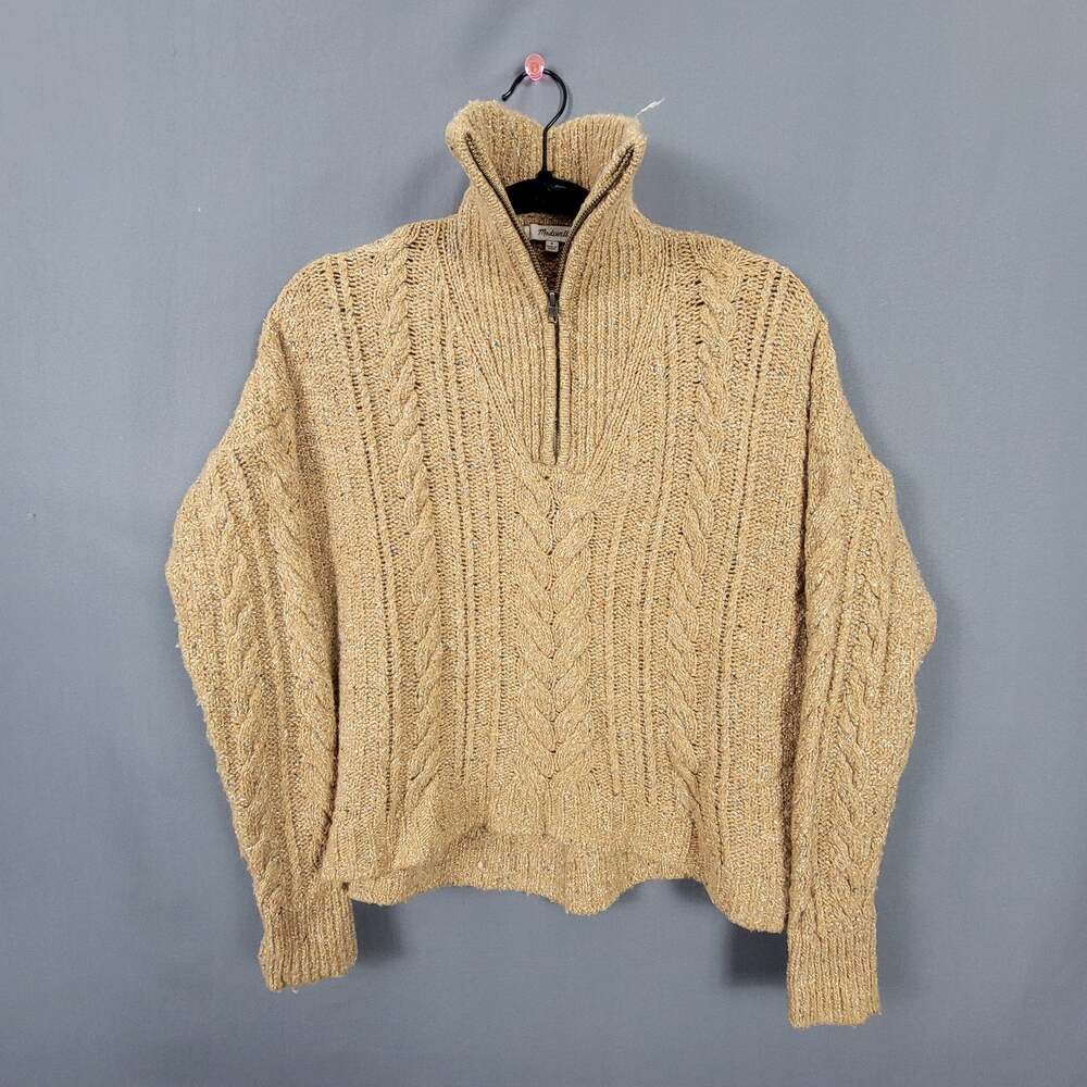 Madewell Chunky Cable Knit Half Zip Mock Neck Wool Silk Blend Sweater